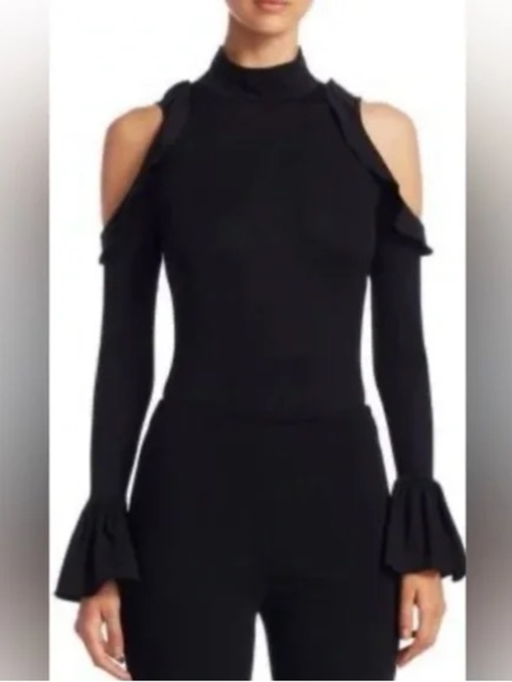 cinq a sept Black Cold-Shoulder Long-Sleeve Bodysuit with Flared Sleeves